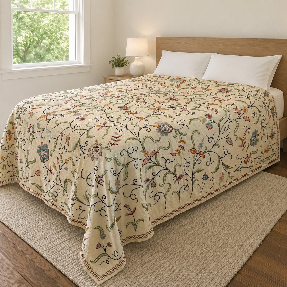 VTG Handmade Kashmir Crewel Embroidery Bed Cover Spread King Boho India FLAWS